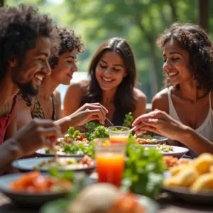 Pessoas diversas desfrutando refeição sem glúten ao ar livre.