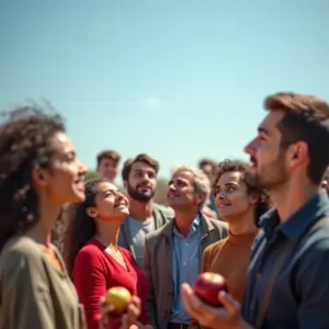 Pessoas diversas olhando para o céu, um segurando uma maçã, sentindo a força da gravidade.