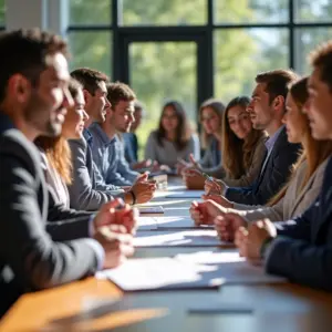 Pessoas diversas participando alegremente de um leilão de imóveis e carros.