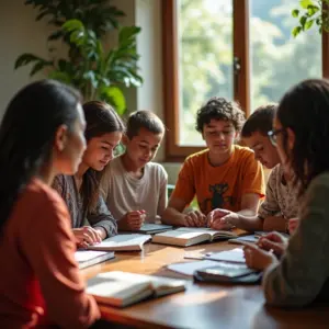 Pessoas diversas reunidas, aprendendo e crescendo juntas, simbolizando investimento em si mesmo.
