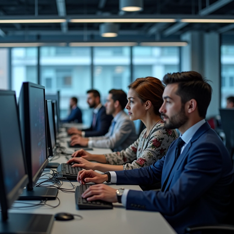 Pessoas diversas trabalhando em computadores em um escritório de corretora de valores.