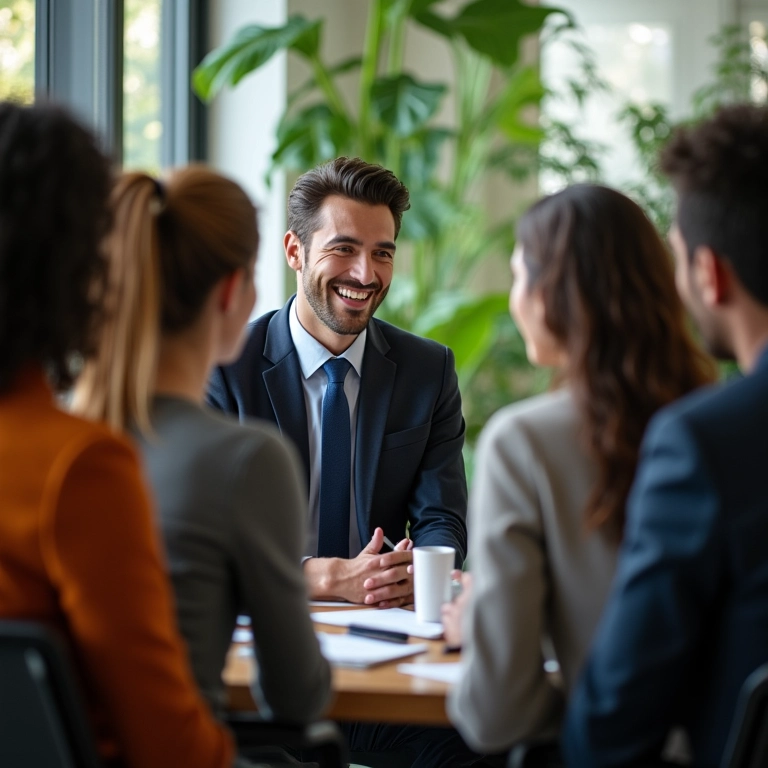 Pessoas entrevistando consultor financeiro em escritório moderno.
