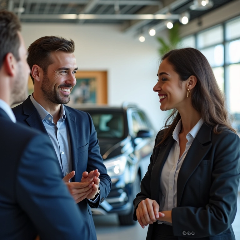 Pessoas negociando o preço de um carro em uma concessionária.