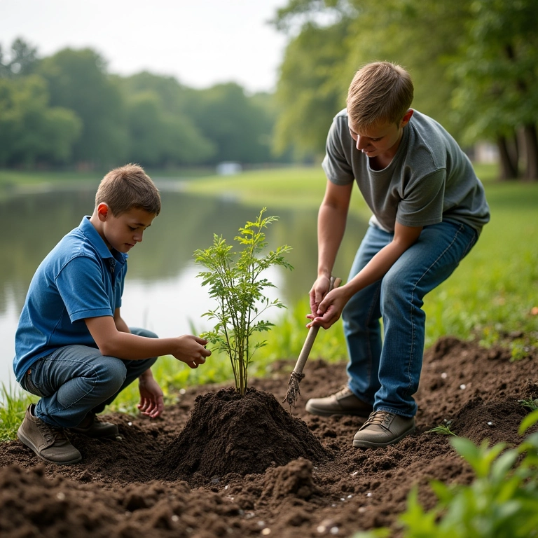 Pessoas plantando árvores perto de um lago, preservando o ambiente.