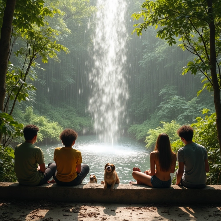 Pessoas relaxando perto de um jardim de chuva.