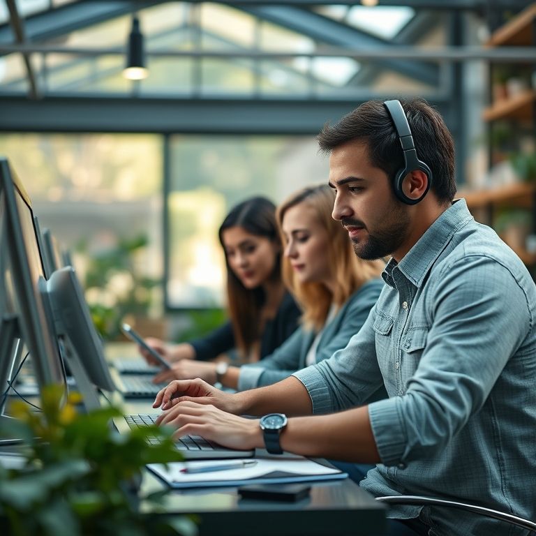 Pessoas trabalhando em marketing online, promoção de negócios sustentáveis.