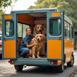 Pet shop móvel estacionado em rua ensolarada no Brasil, tosador feliz banhando golden retriever.