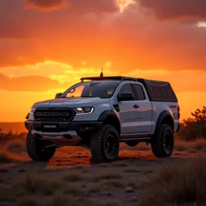 Picape moderna com capota marítima estilosa ao pôr do sol brasileiro.