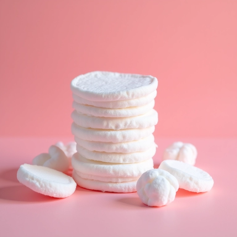 Pilha de algodão com produtos de skincare ao redor.