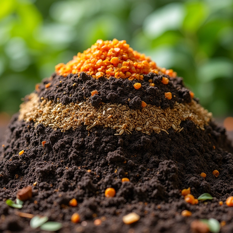 Pilha de compostagem com camadas visíveis de diferentes materiais orgânicos, mostrando os diversos tipos de matéria orgânica.