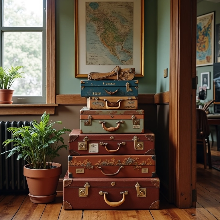 Pilha de malas antigas usadas como mesa lateral, exibindo lembranças de viagem.