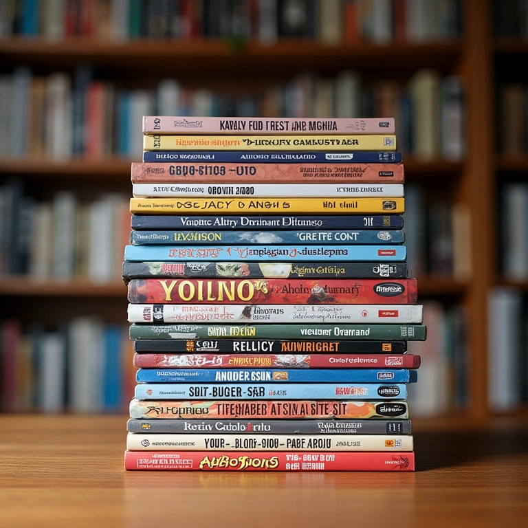 Pilha de mangás físicos em uma estante, mostrando a variedade de gêneros disponíveis.