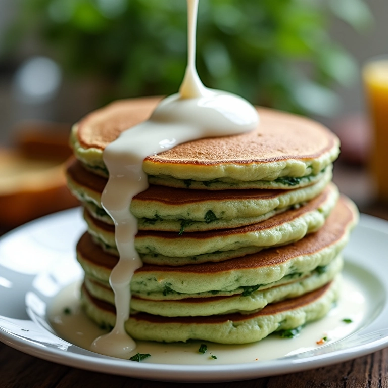 Pilhas de panquecas de ricota e espinafre com molho branco.