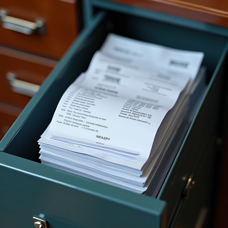 Pilhas organizadas de comprovantes de venda e notas fiscais.