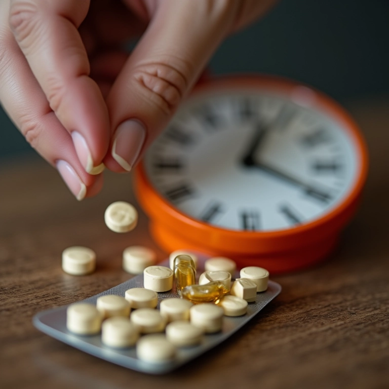 Pílulas de suplemento sendo separadas cuidadosamente com um relógio ao lado.