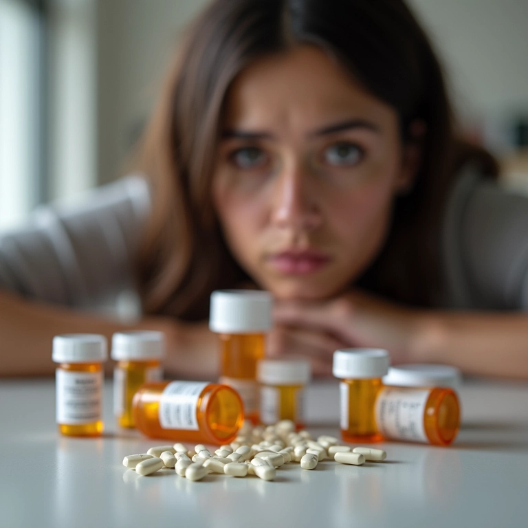 Pílulas e frascos de medicamentos sobre uma mesa, representando o uso de remédios.