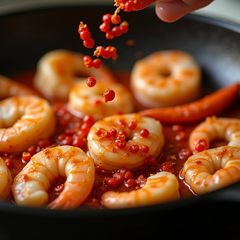 Pimenta calabresa sendo adicionada ao camarão.