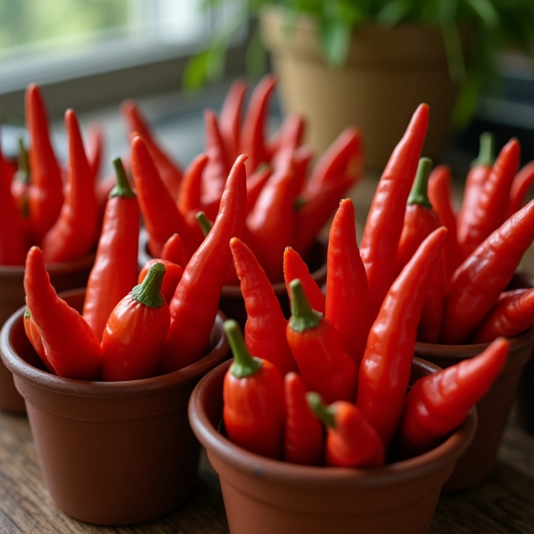 Pimentas vermelhas vibrantes em pequenos vasos na cozinha.