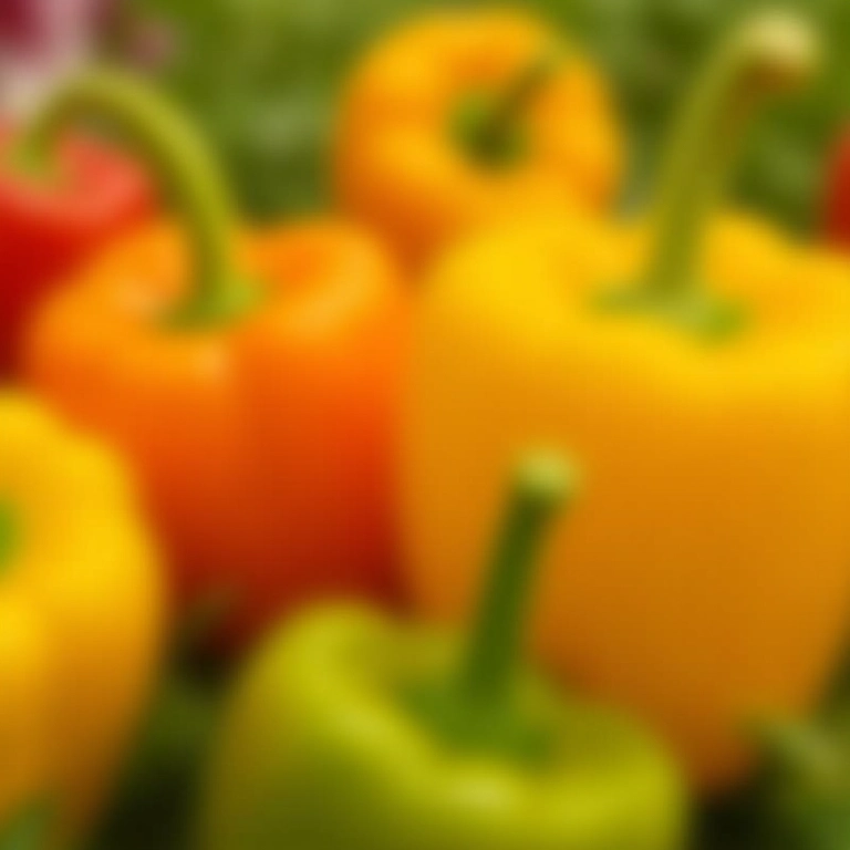 Pimentões coloridos vibrantes na horta de verão.