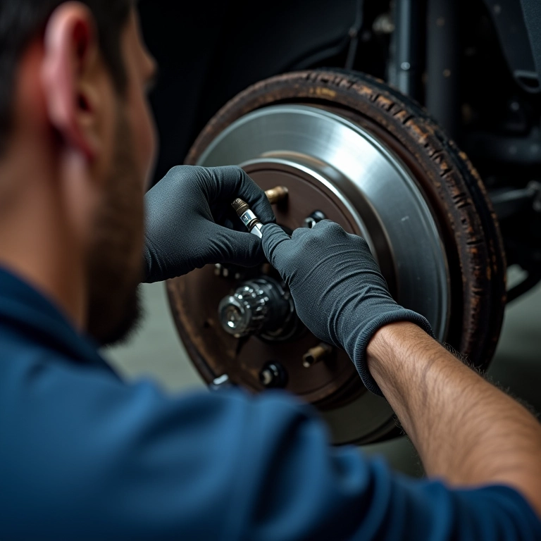 Pinça de freio travada sendo limpa por um mecânico.