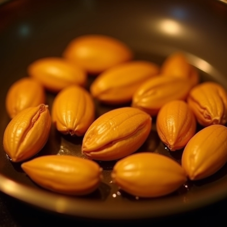 Pinoli sendo tostados, o toque crocante do pesto.