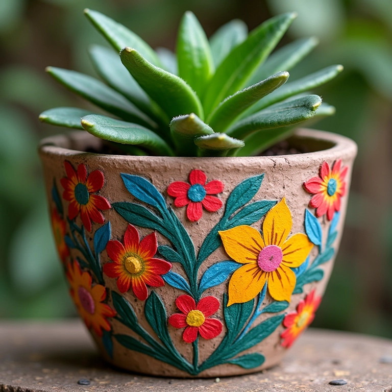 Pintando um vaso de cimento com designs coloridos.