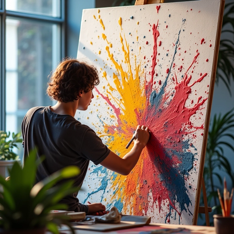 Pintor criando uma obra de arte abstrata com cores vibrantes.