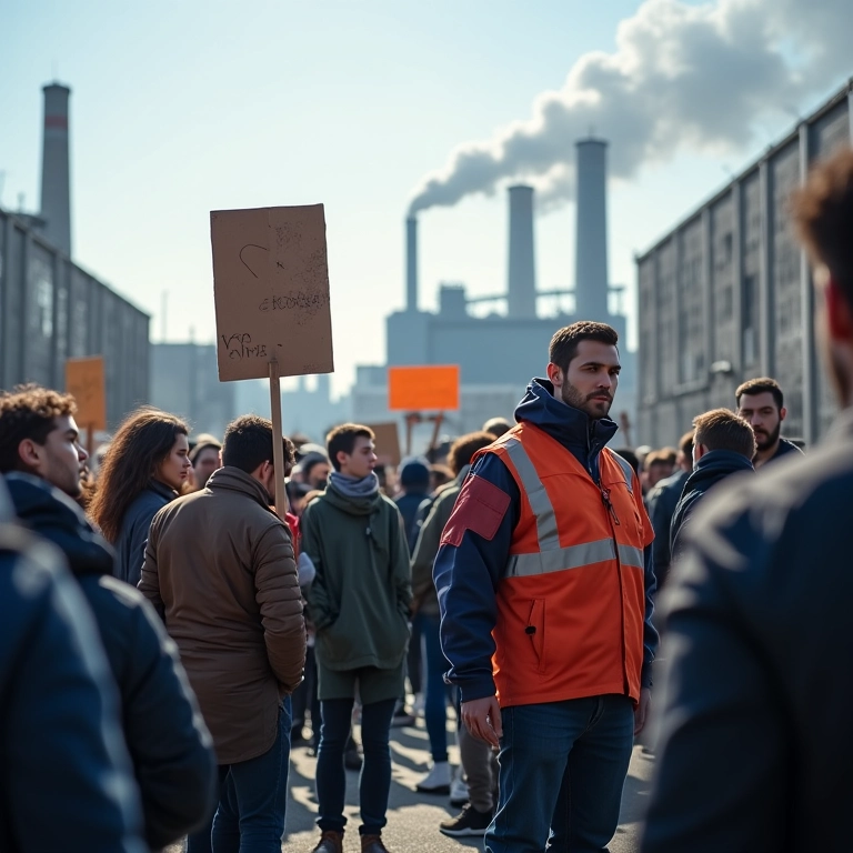 Piquete em frente a uma fábrica com trabalhadores segurando cartazes.