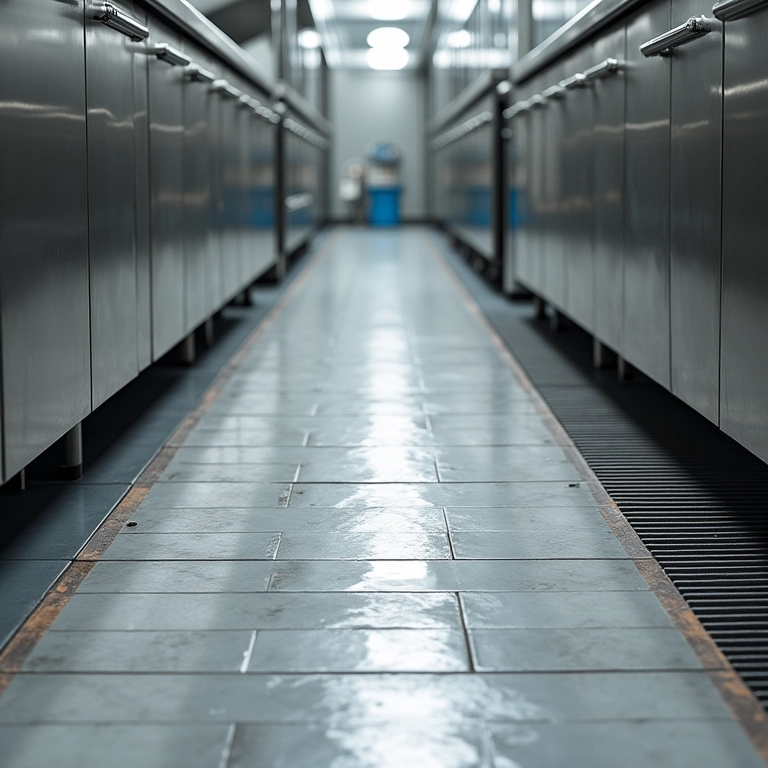 Piso antiderrapante e sistema de drenagem eficiente em cozinha industrial.