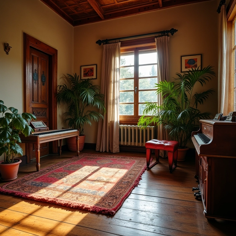 Piso de madeira em sala de música com tapete e decoração brasileira.