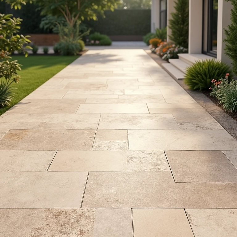 Piso externo de travertino com acabamento bruto, mostrando a textura antiderrapante.