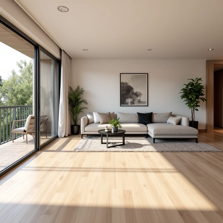 Piso unificado em sala e varanda, criando amplitude.