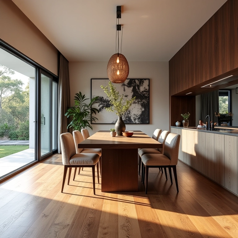 Pisos de madeira de demolição em sala de jantar elegante: durabilidade e charme.