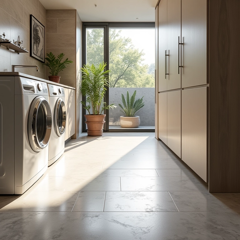 Pisos e revestimentos facilitando a limpeza em uma lavanderia pequena.