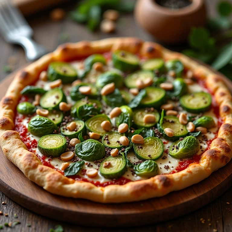 Pizza de couve de Bruxelas com queijo de cabra e pinhões, crosta crocante.