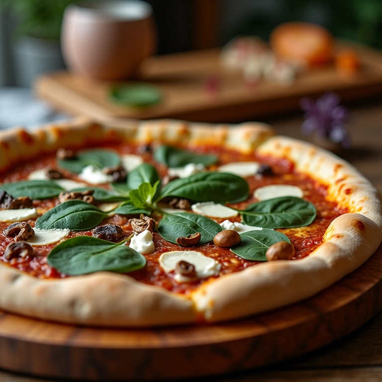 Pizza de espinafre com cogumelos e queijo de cabra.