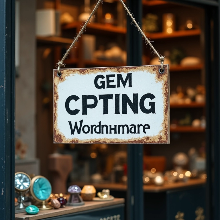 Placa 'Aberto' em janela de oficina de lapidação.