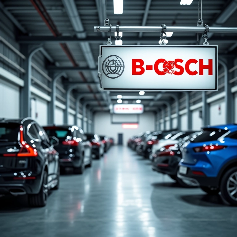 Placa da Bosch Car Service em uma oficina moderna.