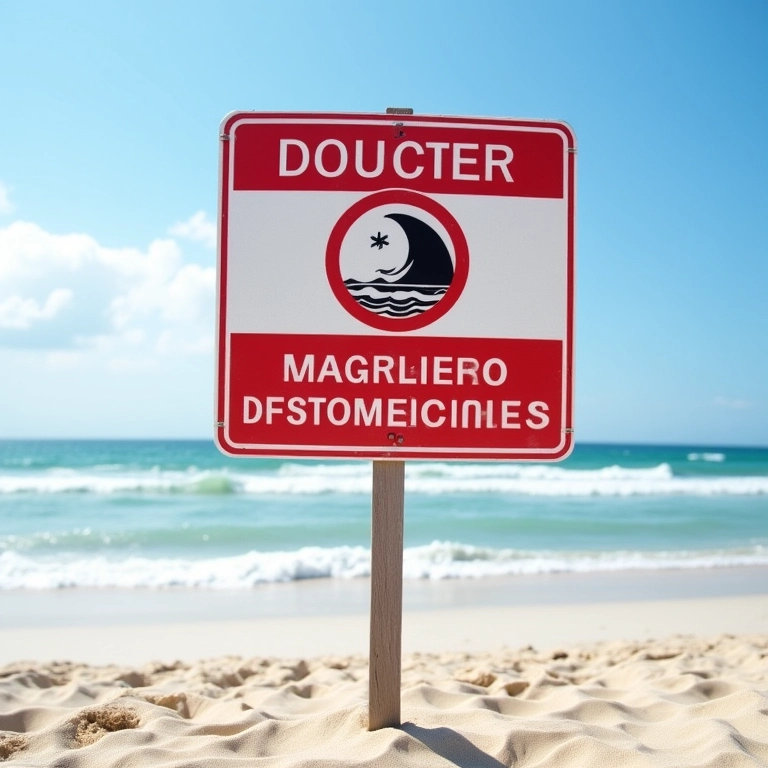 Placa de alerta de tsunami em uma praia, com instruções claras.