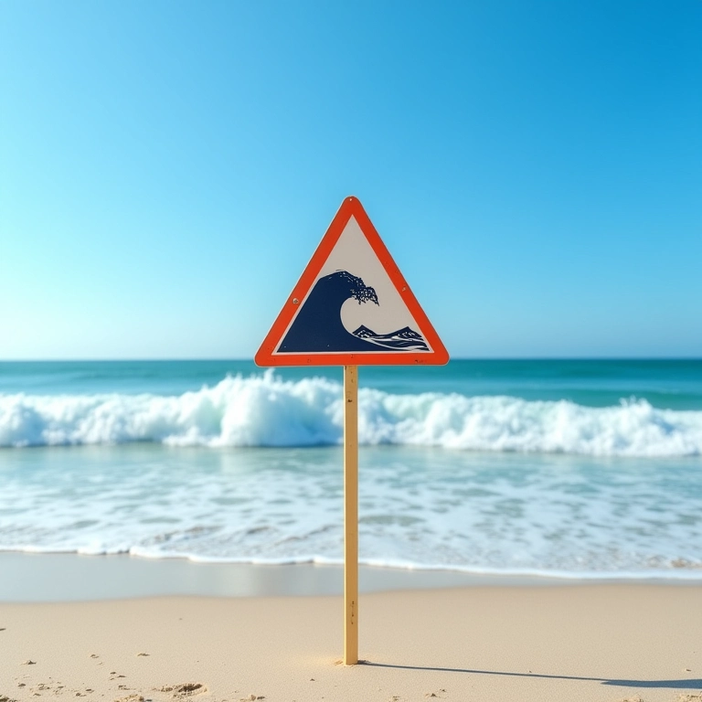 Placa de alerta de tsunami em uma praia.