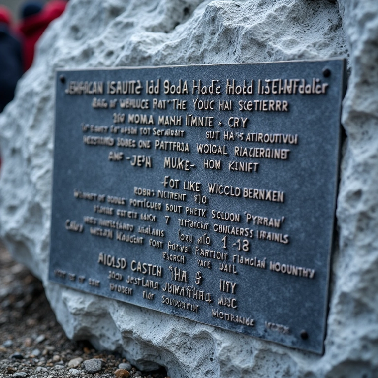 Placa memorial em acampamento base, lembrando a alta taxa de mortalidade no alpinismo.