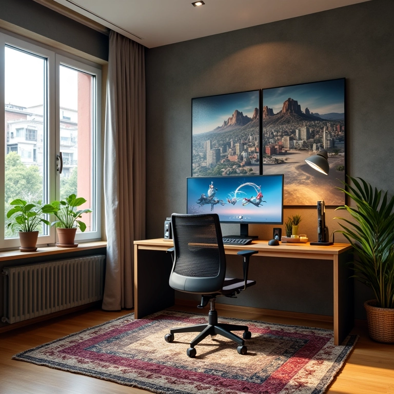 Planejamento de layout de um espaço gamer com disposição de móveis.