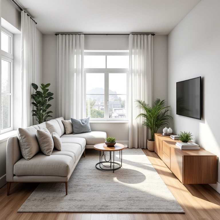 Planejamento do layout de uma sala de TV com móveis bem posicionados.