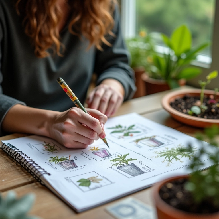 Planejando uma horta: caderno, sementes e ferramentas.