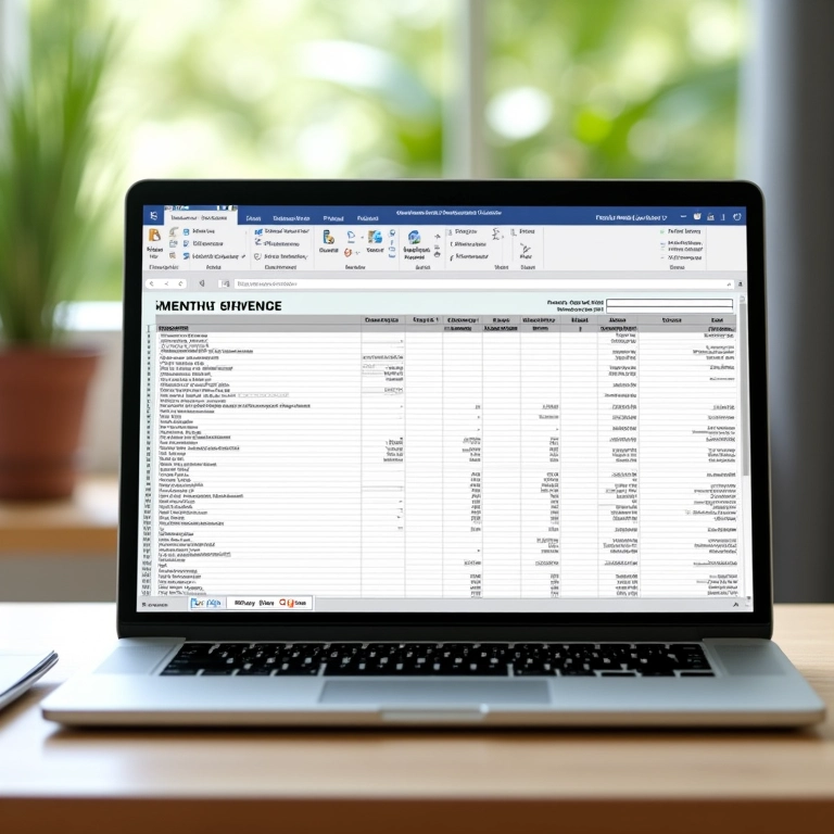 Planilha de gastos mensais simplificada em laptop sobre mesa brasileira.