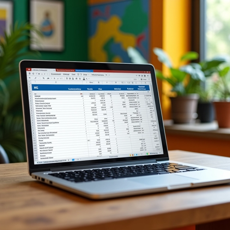 Planilha de precificação aberta em um laptop em escritório colorido.