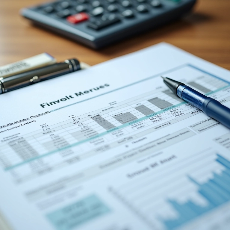 Planilha de projeções financeiras com calculadora e caneta.