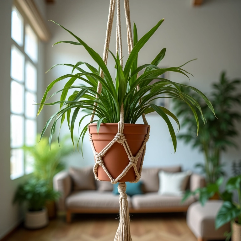 Planta-Aranha em suporte de macramê, representando o signo de Aquário.