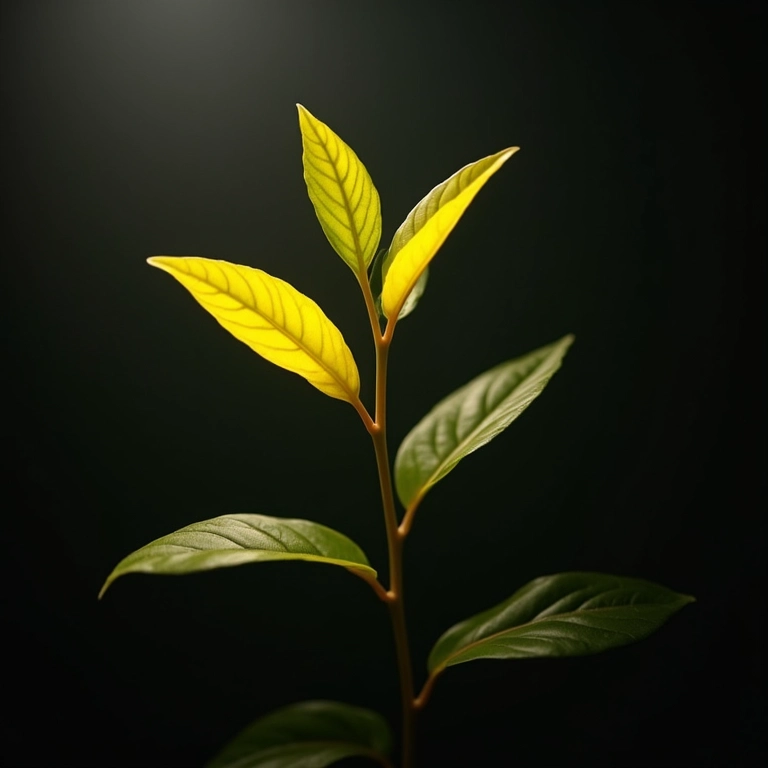 Planta com folhas amareladas em ambiente pouco iluminado.