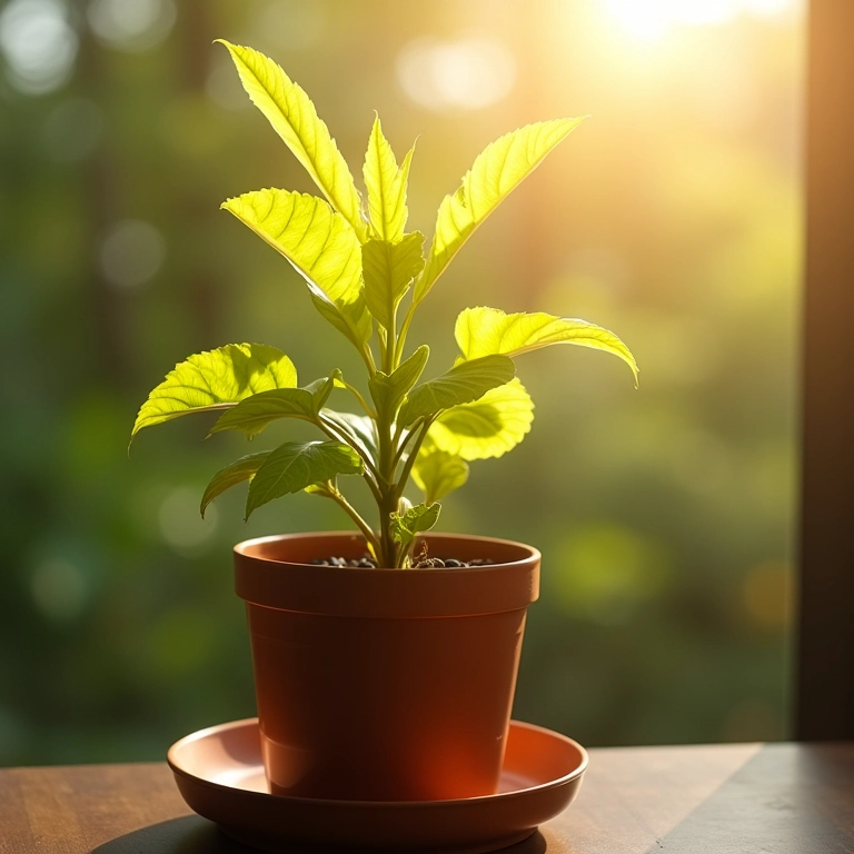 Planta com folhas amareladas sob luz solar intensa, murchando.